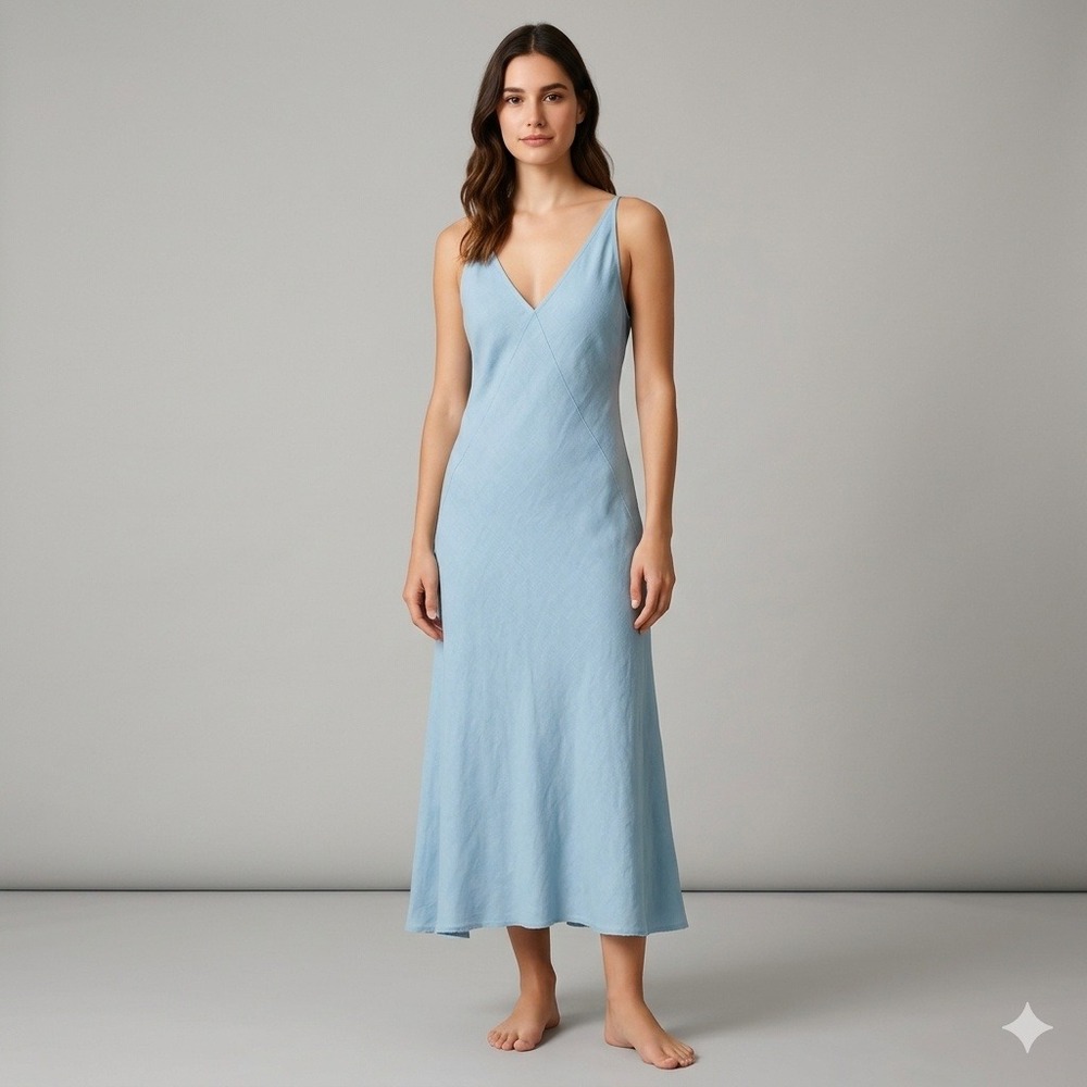 Pomandere Light Blue Lyocell Linen V-Neck Spring Maxi Dress  Made in Italy